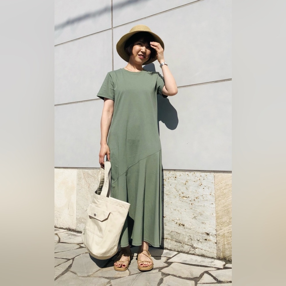 JW Anderson 💚 Olive Green 100% Cotton Short Sleeve Dress Crew Neck Size Small